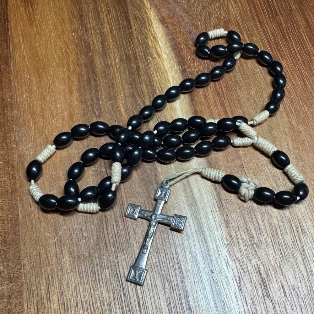 Vintage Italian Rosary Black Oval Beads Hand Knotted Cord Silver Tone Crucifix